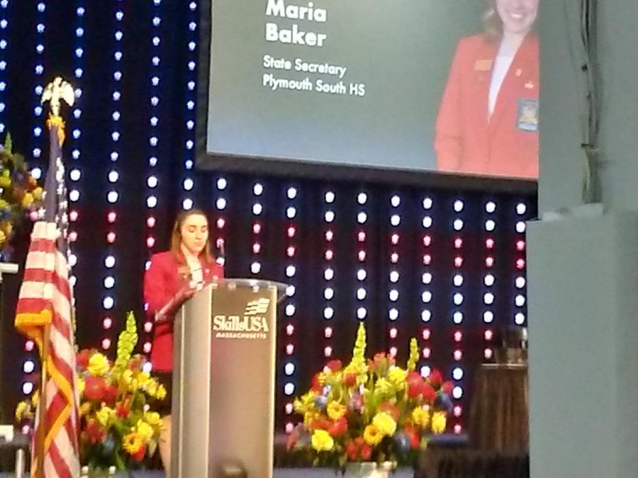 Maria Baker speaks at the Skills USA Competition / photo Sean Clifford